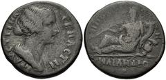 LYDIA, Tripolis. Faustina Junior. Augusta, AD 147-175. Æ 28mm (14.17 g, 6h). Draped bust right / River-god Maiandros reclining left, holding reed and cornucopia, resting on overturned amphora from whi