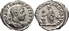 Elagabalus. AD 218-222. AR Denarius (19mm, 2.96 g, 6h). Rome mint. Struck AD 221. Laureate and draped bust right, with “horn” above forehead / SVMMVS SACERDOS AVG, Elagabalus standing left, sacrificin