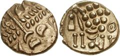 CELTIC, Britain. Durotriges. Uninscribed. Circa 65 BC-AD 45. Pale AV Stater (6.01 g, 6h). Durotrigan E, Abstract (Cranborne Chase) type. Devolved head of Apollo right / Disjointed horse left; pellets 