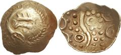 CELTIC, Britain. North-Eastern series ('Corieltauvi'). Uninscribed. Circa 50 BC - AD 30. AV Quarter Stater (1.43 g). Scyphate type. Schematic boar left within serpent-headed torque / Large S-spiral; p