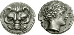 BRUTTIUM, Rhegion. Circa 415/0-387 BC. AR Tetradrachm (17.38 g, 1h). Facing lion’s head / Head of Apollo right, wearing laurel wreath; olive sprig behind, PHΓINON before. Herzfelder 89 (D54a/R76); HN 
