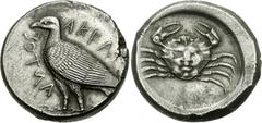 SICILY, Akragas. Circa 465/4-446 BC. AR Tetradrachm (17.47 g, 7h). Sea eagle standing left; AKRAC-ANTOΣ around (partially retrograde) / Crab, whose shell has the features of a human face; all within s