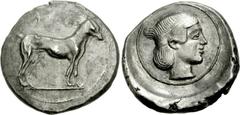 SICILY, Segesta. Circa 440/35-420/16 BC. AR Didrachm (8.57 g, 8h). Hound standing right / Head of Aigeste right, hair in band, within circular border. Hurter, Didrachmenprägung 103a (V32/R56 – this co