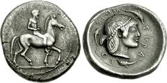 SICILY, Syracuse. Deinomenid Tyranny. 485-466 BC. AR Didrachm (8.32 g, 4h). Struck under Hieron I, circa 478-475 BC. Horseman riding right / Head of Arethusa right, wearing pearl diadem and necklace; 