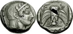 ATTICA, Athens. Circa 469/5-460 BC. AR Dekadrachm (42.52 g, 1h). Head of Athena right, wearing single-pendant earring, necklace, and crested Attic helmet decorated with three olive leaves over visor a