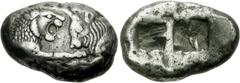 KINGS of LYDIA. Kroisos. Circa 560-546 BC. AR Stater – Double Siglos (10.67 g). Sardes mint. Struck circa 550-546 BC. Confronted foreparts of lion, right, and bull, left / Two incuse square punches of