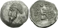 KINGS of PARTHIA. Artabanos I. 126-122 BC. AR Drachm (3.29 g, 12h). Ekbatana mint. Diademed and draped bust left, wearing long beard, earring, and torque; all within pelleted border / BAΣI ΛEΩΣ/MEΓ AΛ