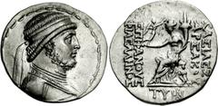 KINGS of PARTHIA. Artabanos “the Younger”. 122-121 BC. AR Tetradrachm (15.78 g, 1h). Seleukeia on the Tigris mint. Diademed and draped bust right, wearing sort beard, earring, and torque; all within b