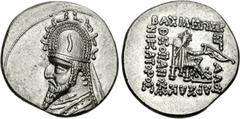 KINGS of PARTHIA. Sinatrukes. 93/2-70/69 BC. AR Drachm (4.16 g, 12h). Rhagai mint. Diademed and draped bust left, wearing tiara with ear flap, long beard, and torque ending in pellet; all within pelle