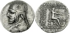 KINGS of PARTHIA. Mithradates III. Circa 87-79 BC. AR Tetradrachm (15.73 g, 12h). Seleukeia on the Tigris mint. Diademed and draped bust left, wearing tiara with ear flap, long beard, and torque endin