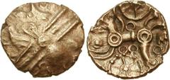 CELTIC, Britain. Atrebates & Regni. Uninscribed. Circa 75-30 BC. AV 1/4 Stater (0.92 g, 3h). Celticized head of Apollo right / Celticized horse left; wheels with hub above and below, annulets and pell