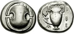 BOEOTIA, Thebes. Circa 395-338 BC. AR Stater (12.24 g). Timi-, magistrate. Struck circa 390-382 BC. Boeotian shield / Amphora; above, club left; T-I/M-I in two lines across field; all within concave c