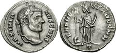 Galerius. As Caesar, AD 293-305. AR Argenteus (2.46 g, 7h). Carthago (Carthage) mint. Struck circa AD 296-298. Laureate head right / F ADVENT AVGG NN, Carthago, wearing elephant skin headdress, standi