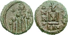Heraclius, with Heraclius Constantine and Heraclonas. 610-641. Æ Follis (7.21 g, 6h). Ravenna mint. Dated RY 27 (636/7). Figures of Heraclonas, Heraclius, and Heraclius Constantine standing facing, ea
