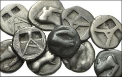 GREEK. Central & Southern Greece. AR Triobols from Argolis, Argos. All coins: 4th century BC. Forepart of wolf left or right / A within incuse square, various symbols. BCD Peloponnesos 1004ff. Fair to