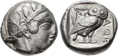 Greek ATTICA, Athens. Circa 454-404 BC. AR Tetradrachm (22.5mm, 17.16 g, 1h). Helmeted head of Athena right, with frontal eye / Owl standing right, head facing, closed tail feathers; olive spray and c