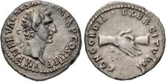 Roman Imperial Nerva. AD 96-98. AR Denarius (17mm, 3.34 g, 8h). Rome mint. Struck AD 97. Laureate head right / Clasped hands. RIC II 14; RSC 20. Toned, light scratches, minor porosity. Good VF. Ex Her