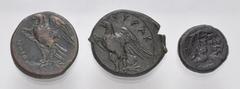 Large Lots GREEK. Magna Graecia & Sicily. Lot of three (3) Syracusan bronze coins. Includes: Timoleon // Agathokles // Hiketas II. Fine to VF, with patinas, the Agathokles has been heavily smoothed. L