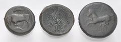 Large Lots GREEK. Magna Graecia & Sicily. Lot of three (3) Syracusan bronze coins. Includes: Hiketas II. Æ 20mm. Laureate head of Zeus Hellanios right / Eagle standing left on thunderbolt (2) // Roman
