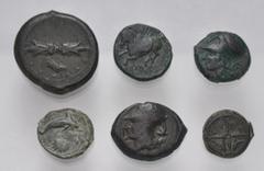 Large Lots GREEK. Magna Graecia & Sicily. Lot of six (6) Syracusan bronze coins. Includes: various types, 14-24mm in diameter. Fine to Good Fine, green patinas, the Dion tooled. LOT SOLD AS IS, NO RET