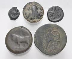 Large Lots GREEK. Magna Graecia & Sicily. Lot of five (5) Syracusan bronze coins. Includes: various types, 12-27mm in diameter. Fair to Fine. LOT SOLD AS IS, NO RETURNS. Five (5) coins in lot.