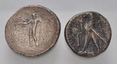 Large Lots GREEK. Levant & the Near East. Lot of two (2) Seleukid AR Tetradrachms. Includes: Demetriios II // Antiochos VIII. Fine, Demetrios toned. LOT SOLD AS IS, NO RETURNS. Two (2) coins in lot.