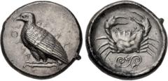 Greek SICILY, Akragas. Circa 465/0–445/0 BC. AR Tetradrachm (26mm, 17.08 g, 6h). Sea eagle standing left; AKRAC-ANTOΣ (partially retrograde) around / Crab within incuse circle; spiral floral ornament 
