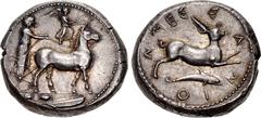 Greek SICILY, Messana. 425-421 BC. AR Tetradrachm (25mm, 17.33 g, 12h). Charioteer, holding reins in both hands, driving slow biga of mules right; above, Nike advancing right on reins, crowning mules 