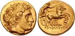 Greek KINGS of MACEDON. Philip III Arrhidaios. 323-317 BC. AV Stater (17mm, 8.61 g, 12h). In the types of Philip II. Kolophon mint. Struck under Menander or Kleitos, circa 322-319 BC. Head of Apollo r