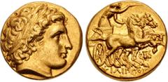 Greek KINGS of MACEDON. Philip III Arrhidaios. 323-317 BC. AV Stater (17mm, 8.66 g, 12h). In the types of Philip II. Magnesia on the Maeander mint. Struck under Menander or Kleitos, circa 323-319 BC. 