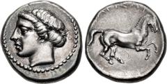 Greek THESSALY, Larissa. Circa 404 BC. AR Drachm (18mm, 6.13 g, 7h). Head of the nymph Larissa left / Horse rearing right, trailing rein. Lorber, Profile, dies A2/P6, example i (this coin); BCD Thessa