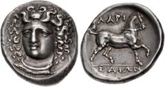 Greek THESSALY, Larissa. Circa 356-342 BC. AR Stater (24mm, 12.19 g, 11h). Head of the nymph Larissa facing slightly left, hair in ampyx, wearing necklace / Bridled horse prancing right; ΛAPI-ΣAIΩN ab