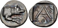 Greek ARGOLIS, Argos. Circa 90-40 BC. AR Triobol (14.5mm, 2.32 g, 4h). Damosthe–, magistrate. Forepart of wolf at bay right / Large A; Δ-A/M-O/ΣΘE around, palm frond below; all within incuse square. B