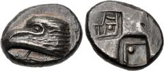 Greek PAPHLAGONIA, Sinope. Circa 425-410 BC. AR Drachm (17.5mm, 6.06 g). Aeginetic standard. Head of sea-eagle left; below, dolphin left / Quadripartite incuse square with two opposing quarters filled