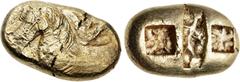 Greek IONIA, Uncertain. Circa 550-525 BC. EL Stater (23mm, 14.27 g). Lydo-Milesian standard. Forepart of bridled horse left; rosette at breast, floral symbol (lotus?) at nape of the neck / Two incuse 