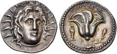 Greek ISLANDS off CARIA, Rhodos. Rhodes. Circa 250-229 BC. AR Didrachm (21mm, 6.75 g, 12h). Timotheos, magistrate. Radiate head of Helios facing slightly right / Rose with bud to right; TIMOΘEOΣ above