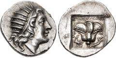 Greek ISLANDS off CARIA, Rhodos. Rhodes. Circa 150-125 BC. AR Drachm (16.5mm, 3.12 g, 12h). 'Plinthophoric' coinage. Thrasymenes, magistrate. Radiate head fo Helios right / Rose with bud to right; ΘPA