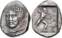 Greek DYNASTS of LYCIA. Perikles. Circa 380-360 BC. AR Stater (20.5mm, 9.87 g, 11h). Struck circa 380-375 BC. Head of Perikles facing slightly left, wearing laurel wreath, drapery around neck / Warrio