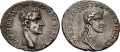 Roman Imperial Gaius (Caligula), with Agrippina Senior. AD 37-41. AR Denarius (19mm, 3.07 g, 11h). Lugdunum (Lyon) mint. 2nd emission, 1st phase, late AD 37. C • CAESAR • AVG • GERM • P • M • TR • POT