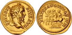 Roman Imperial Septimius Severus. AD 193-211. AV Aureus (21.5mm, 7.22 g, 6h). Rome mint. Struck AD 210. SEVERVS PIVS AVG, laureate head right / VIRTVS AVGVSTOR VM, Septimius Severus, Caracalla, and Ge