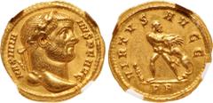Roman Imperial Maximianus. First reign, AD 286-305. AV Aureus (19mm, 5.62 g, 6h). Rome mint. Struck AD 295-305. MAXIMIA NVS P F AVG, laureate head right / VIRTVS AVGG, Hercules standing right, leaning