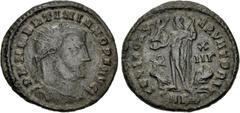 Roman Imperial Martinian. Usurper, AD 324. Æ Follis (20mm, 3.01 g, 11h). Nicomedia mint, 2nd officina. D N M MARTINIANO P F AVG, radiate, draped, and cuirassed bust right / IOVI CONS ERVATORI, Jupiter