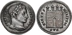 Roman Imperial Constantine I. As Caesar, AD 306-309. AR Argenteus (19mm, 3.30 g, 12h). Treveri (Trier) mint, 1st officina. Struck AD 306-307. CONSTAN TINVS NOB C, laureate head right / VIRTVS MILITVM,