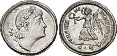 Roman Imperial Constantine II. AD 337-340. AR Siliqua (20mm, 2.67 g, 12h). Constantinople mint, 5th officina. Rosette-diademed head right, eyes upraised / Victory, winged and draped, advancing left, h