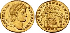 Roman Imperial Constantius II. AD 337-361. AV Solidus (20.5mm, 4.17 g, 6h). Constantinople mint. Struck AD 337-340. D N CONSTAN TIVS P F AVG, laureate head right / VICTORIA CONSTANTI AVG, Victory seat