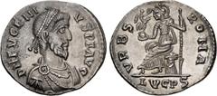 Roman Imperial Eugenius. AD 392-394. AR Siliqua (18.5mm, 2.19 g, 6h). Lugdunum (Lyon) mint, second officina. Pearl-diademed, draped, and cuirassed bust right / Roma seated left on cuirass, holding Vic