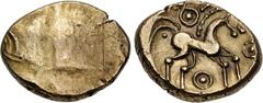 British CELTIC, Iceni. Uninscribed. Circa 65-1 BC. AV Stater (19mm, 5.56 g, 6h). Snettisham type (Trinovantian F). Traces of crossed wreaths type / Horse prancing right; pellets-in-annulets above and 
