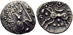 CELTIC, Britain. Dobunni . Antedrig. Circa 10 BC-AD 10. AR Unit (13mm, 1.12 g, 10h). Class E. Celticized head right / Celticized horse left; pellet-in-rings flanking, pellets around. Van Arsdell 1074-