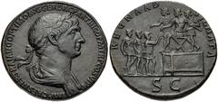 Trajan. AD 98-117. Æ Sestertius (32mm, 23.73 g, 6h). Rome mint. Struck AD 116-117. Laureate and draped bust right / Trajan seated left on daïs, extending hand to three eastern kings, the foremost of w