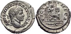 Caracalla. AD 198-217. AR Denarius (19mm, 3.20 g, 1h). Rome mint. Struck AD 217. Laureate head right / Victory seated right on cuirass, inscribing VO/XX in two lines on shield set on knee; helmet belo